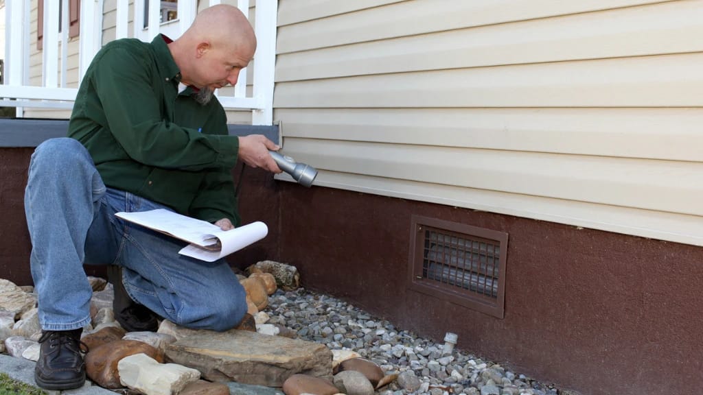 Building inspector examining the exterior foundations of an investment property