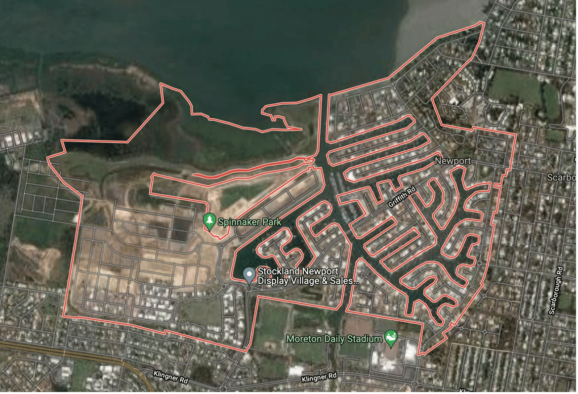 Satellite map outlining Newport, Queensland, beside Scarborough and Moreton Bay