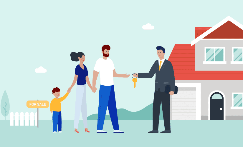 Realtor gives keys to family in front of house.