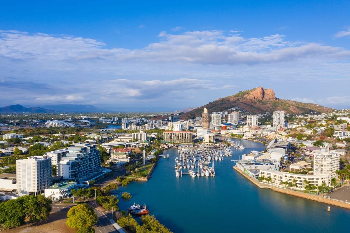 Aerial view of Townsville marina, city centre and Castle Hill
