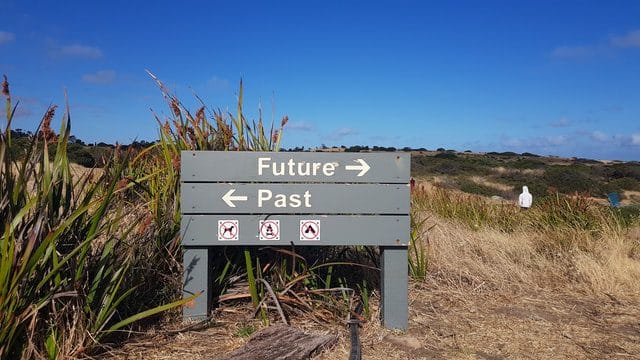 Sign marking directions to "Future" and "Past"