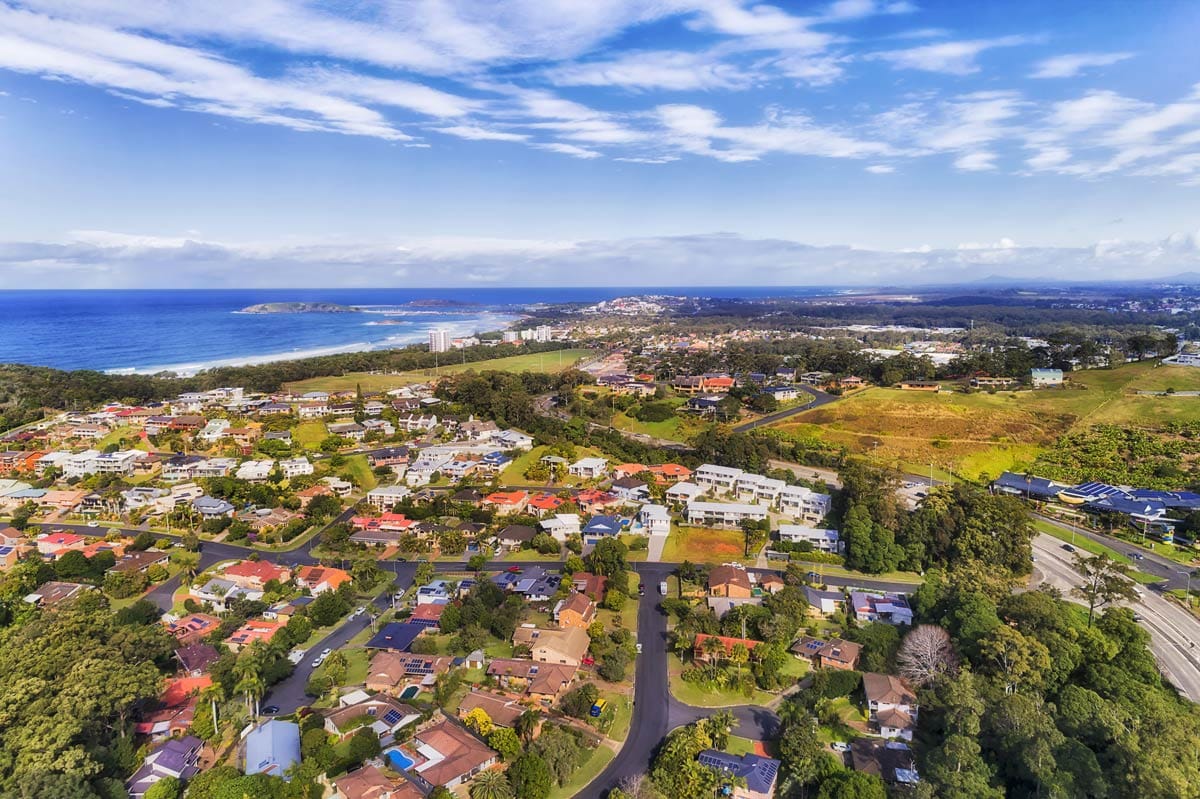 Aerial view of neighborhoods by the coast