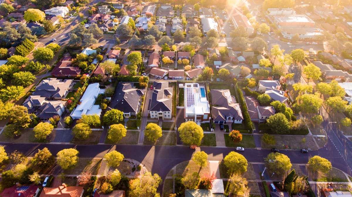 Sunny aerial view of suburban houses and trees