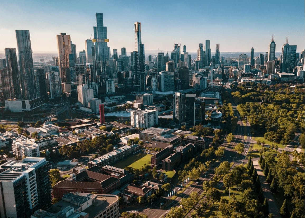 Aerial view of Melbourne residential and commercial neighbourhoods