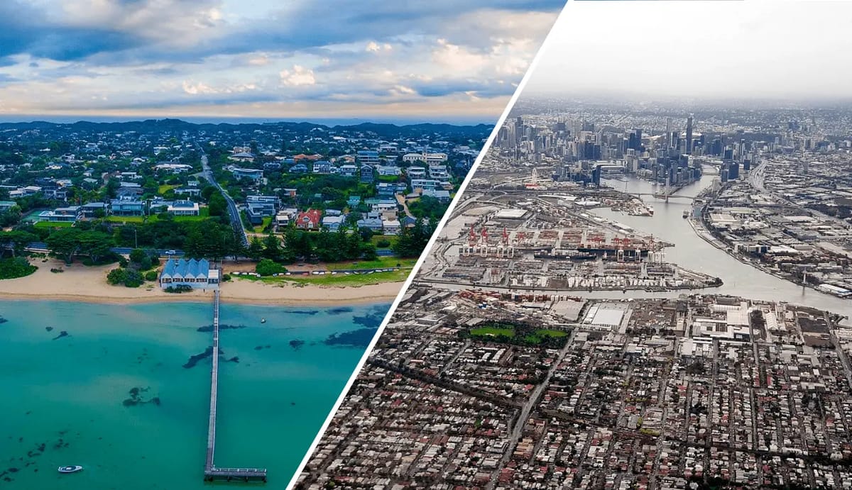 Split view: coastal suburb and industrial city