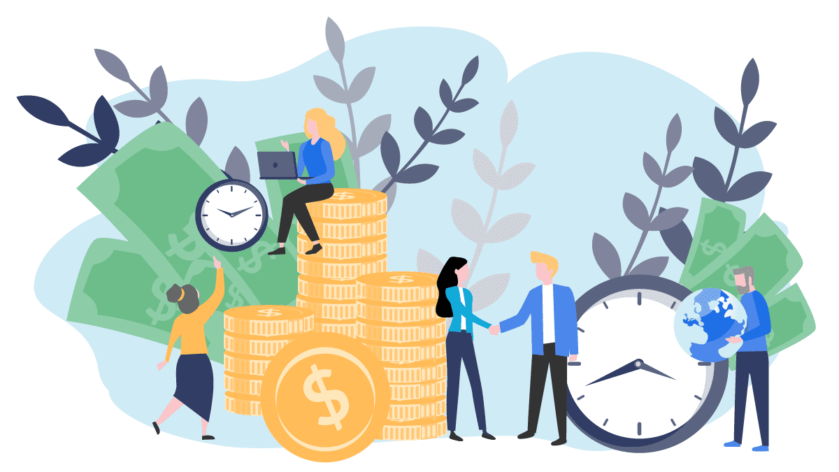 Business team, money, clocks, and globe.