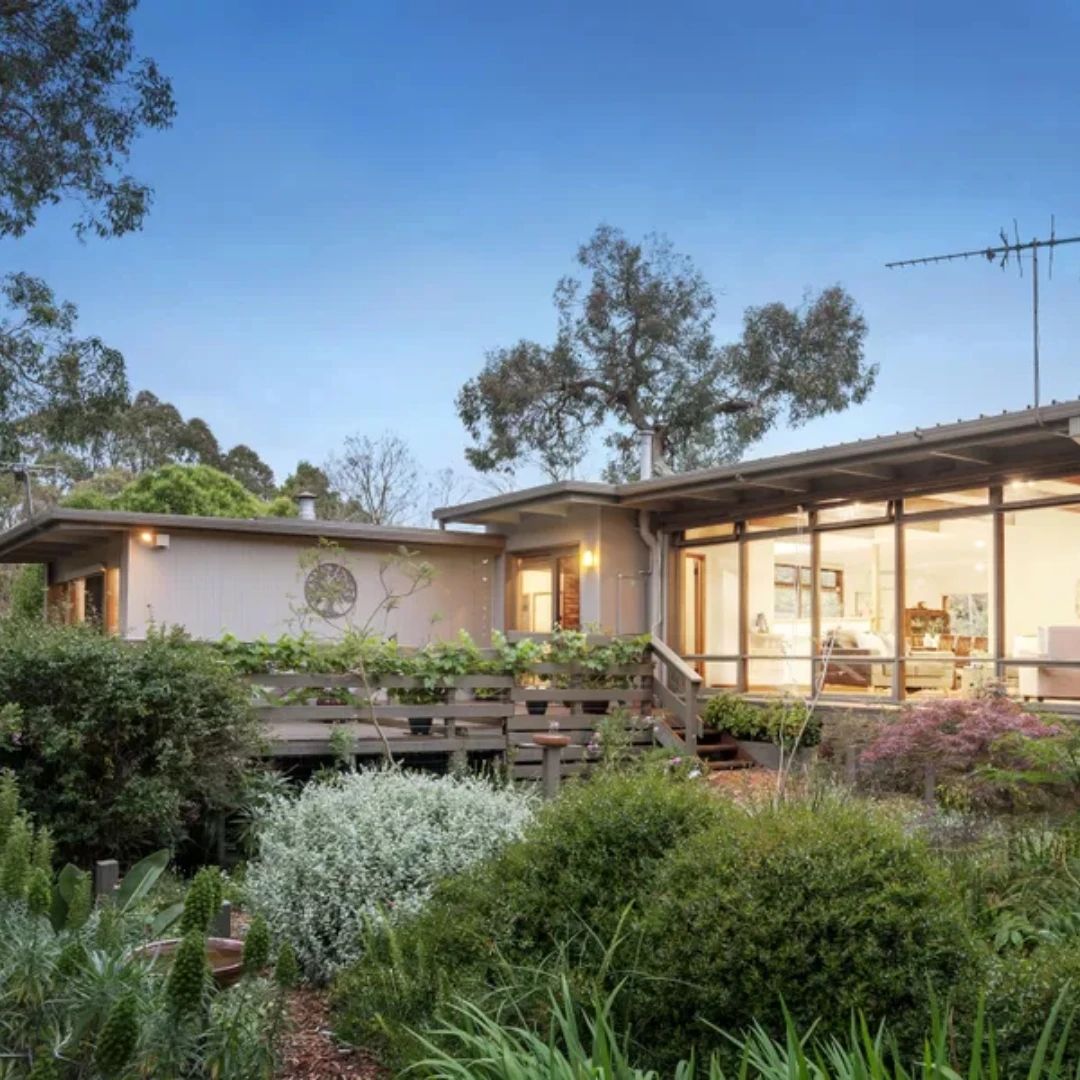 Modern house with large windows and lush garden