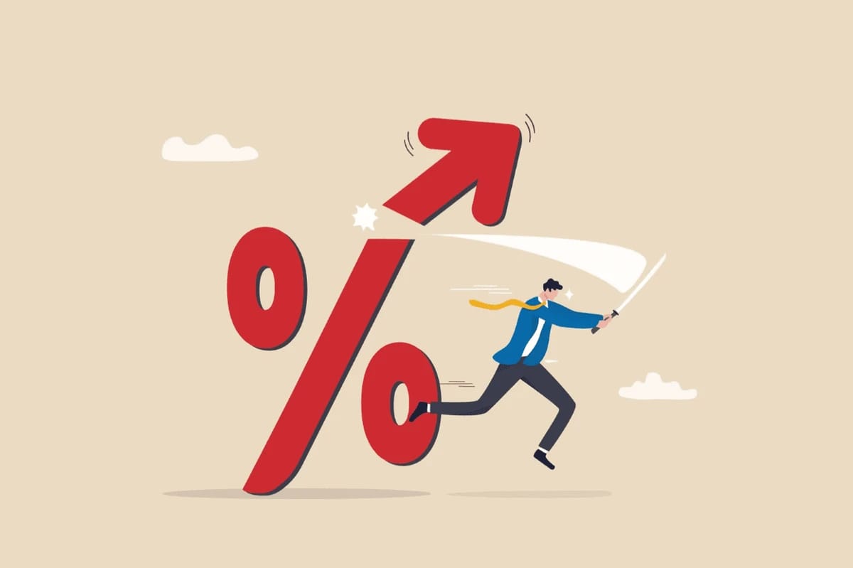 Man with sword attacks percentage symbol with rising arrow