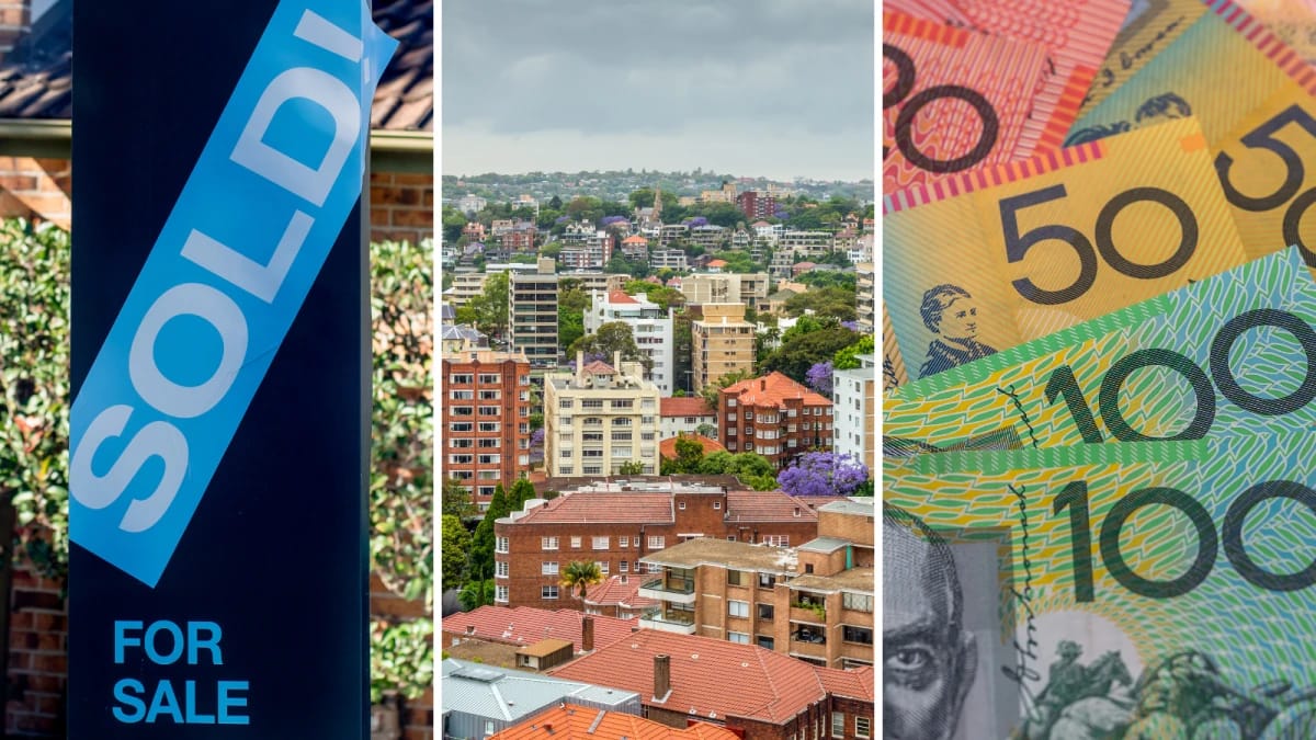 Sold sign, cityscape, and Australian money