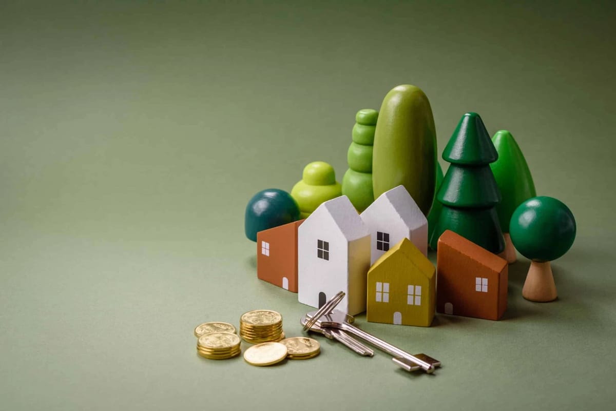 Toy houses, keys, and coins on a green background.