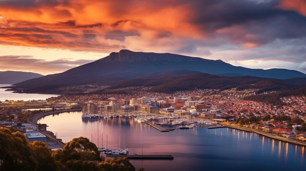 City harbor at sunset with mountains and colorful sky.