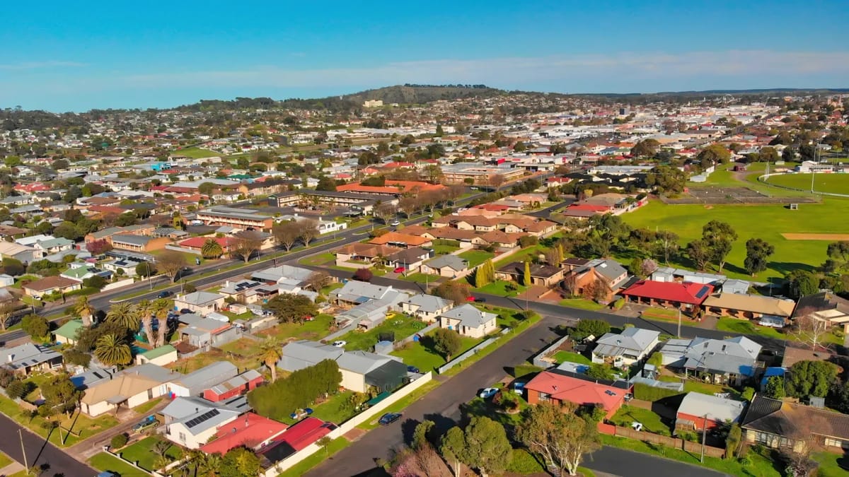Aerial view over Mount Gambier homes, streets and sporting grounds