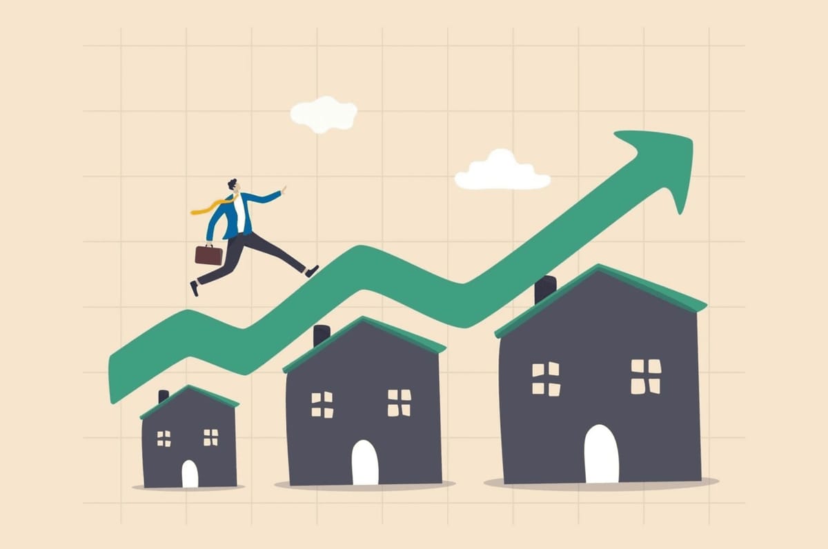Man running on a green upswing arrow above houses