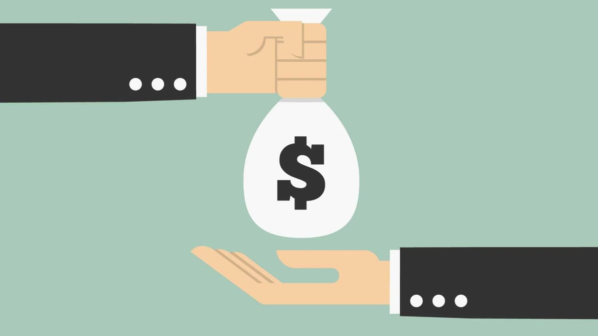 Hands exchanging a money bag with a dollar sign.