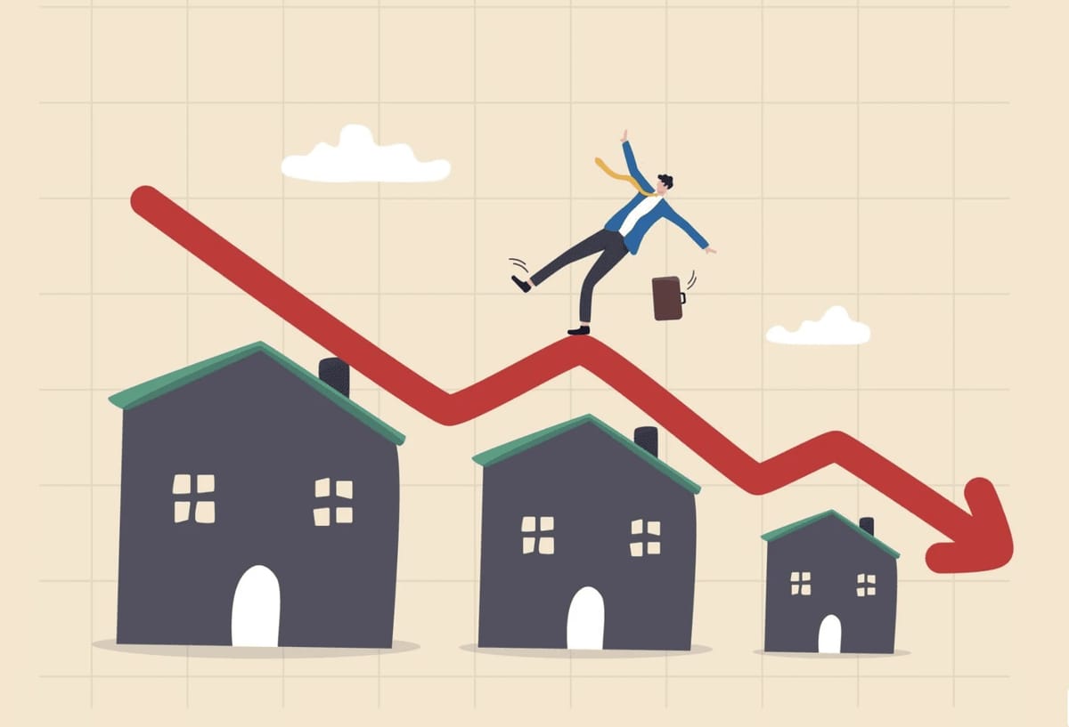 Man falling on a downward trend line over houses.