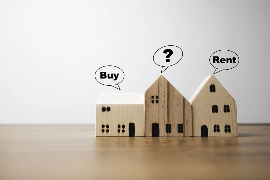 Wooden houses with "Buy", "?", and "Rent" speech bubbles.