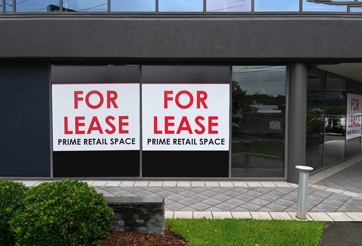 For Lease Prime Retail Space signs on windows.