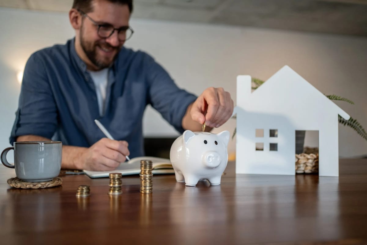 Investor placing coins into a piggy bank beside a model house