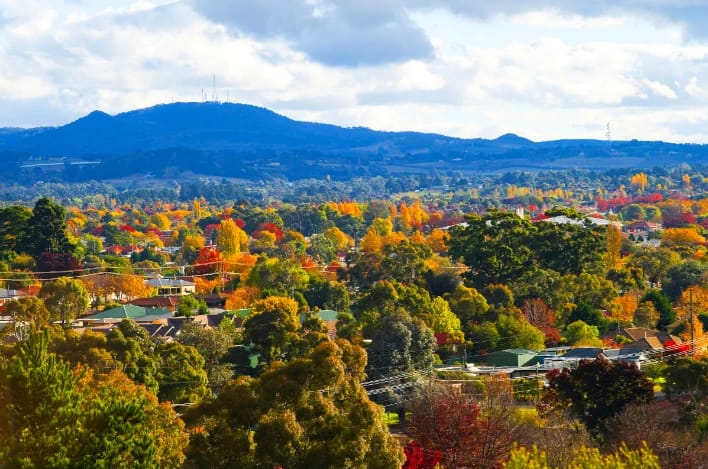 Autumn town with colorful trees and mountain backdrop