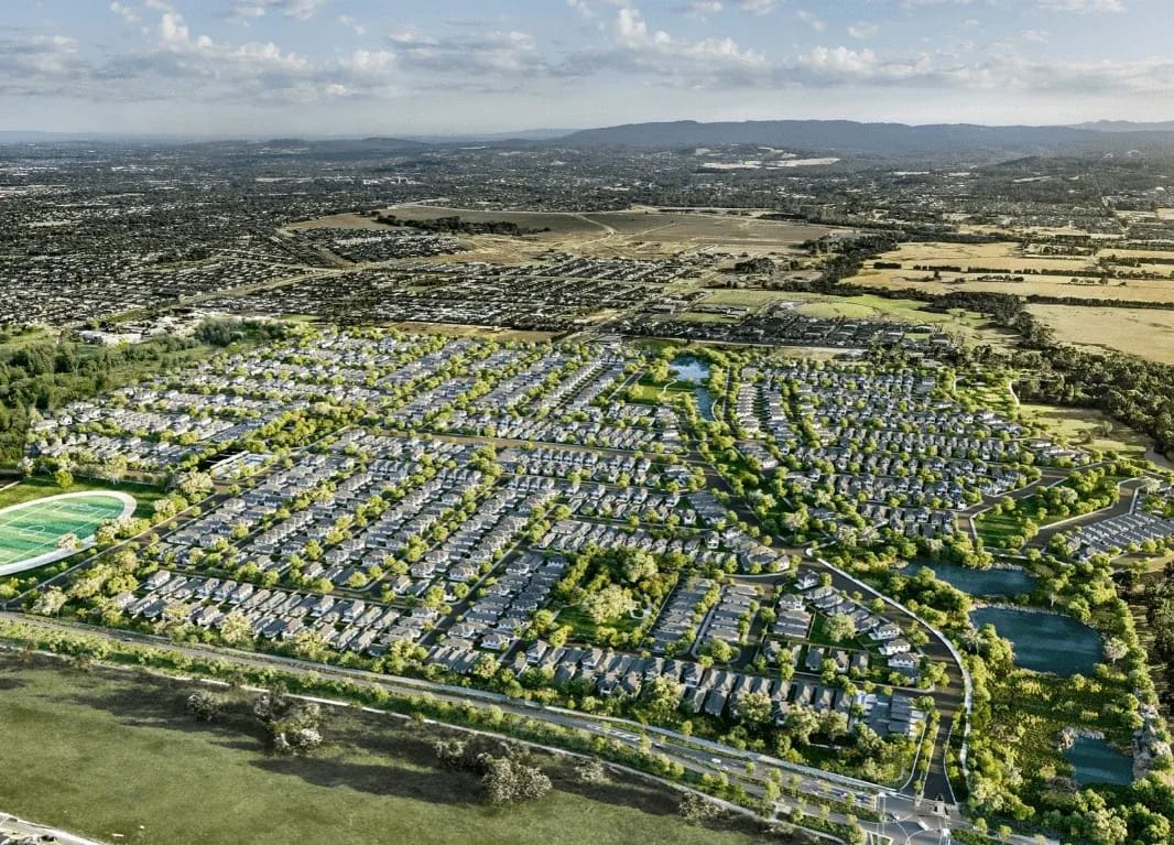 Aerial view of a planned residential neighborhood with many houses.