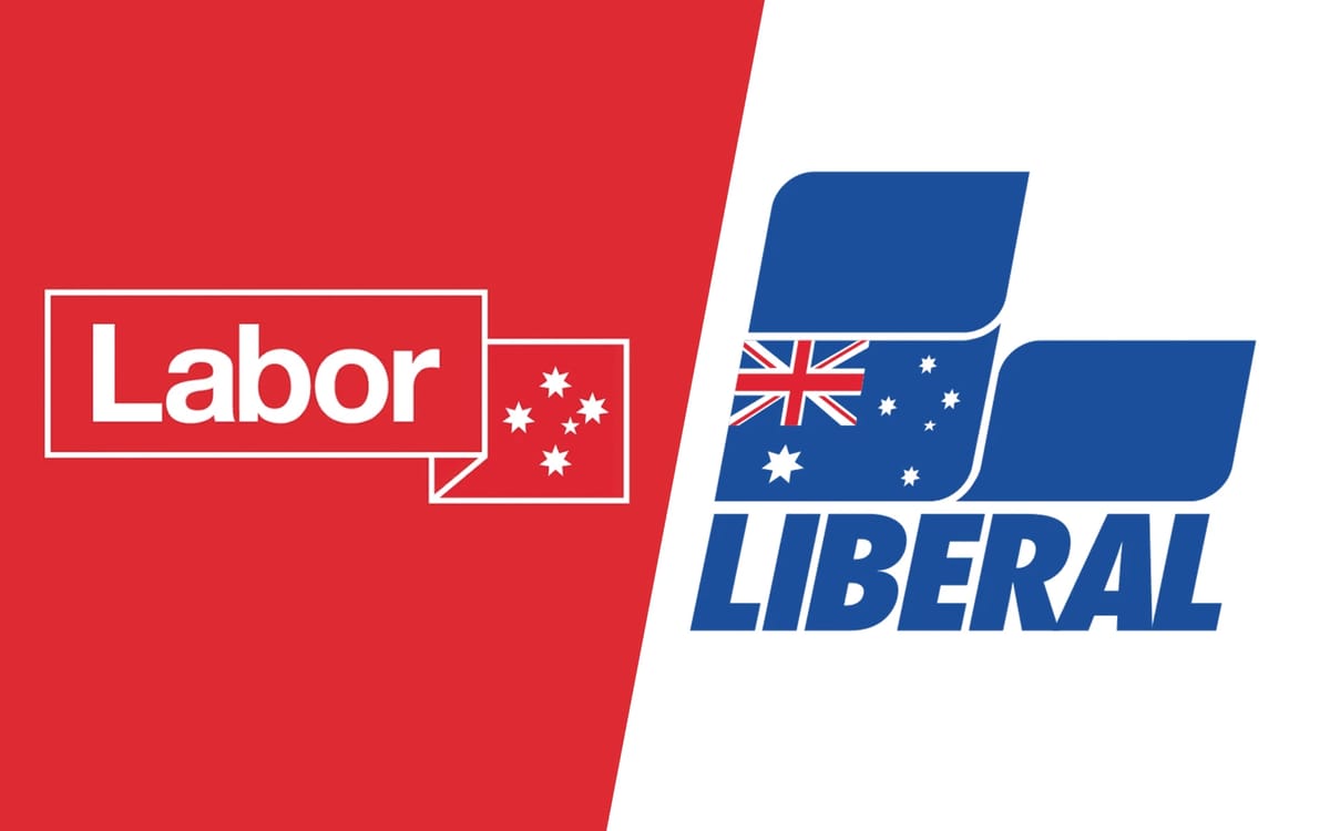 Labor and Liberal logos with Australian flag