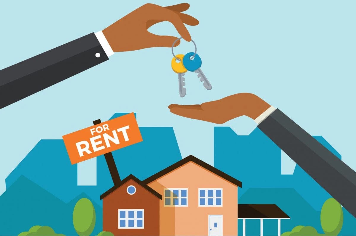 Keys handed over in front of a "For Rent" sign with houses.