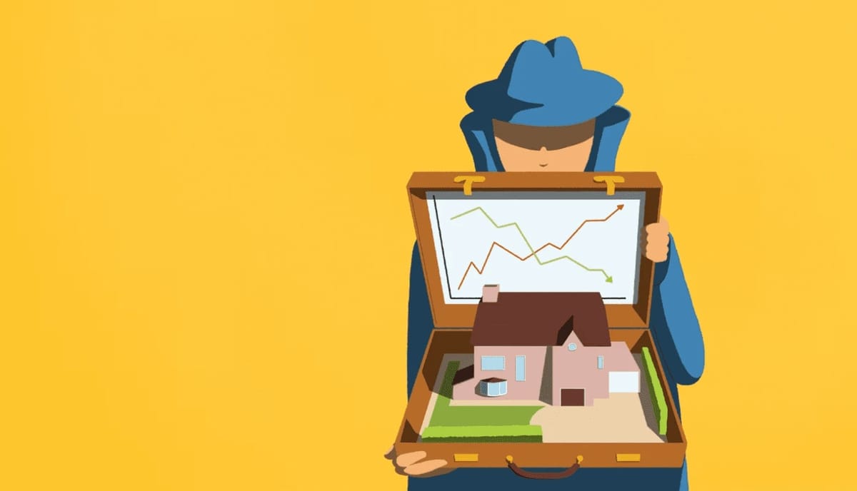 Person in blue coat holding open briefcase with house and graph