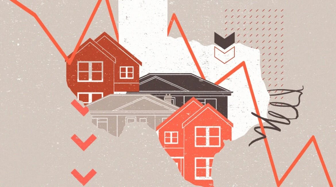 Falling housing market graph with houses