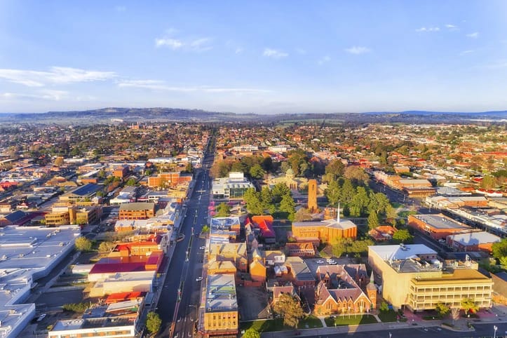 Aerial view along Bathurst main street and surrounding neighbourhoods