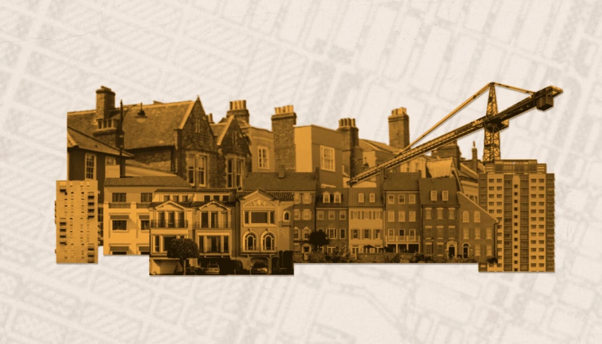 Collage of buildings and a construction crane.