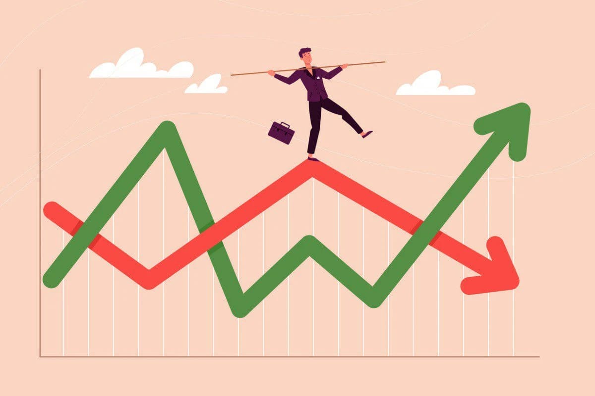 Man balancing on stock chart lines
