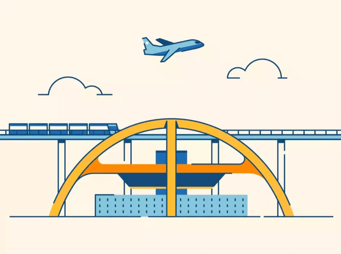 Airplane over bridge with train and clouds