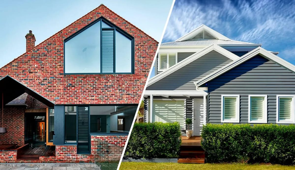 Two houses, one brick, one grey siding