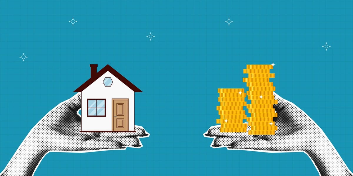 Illustration of a house exchanged for stacks of gold coins