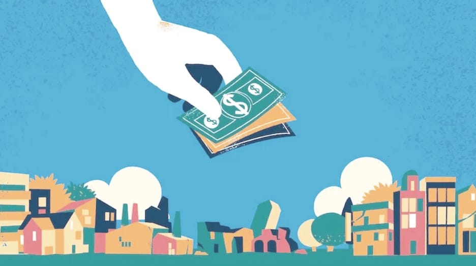 Hand giving money over a cityscape