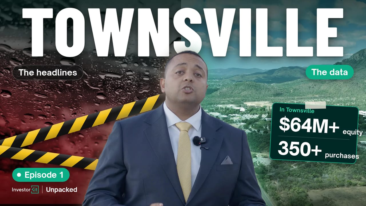 Episode 1 key art: TOWNSVILLE in large white type above Arjun Paliwal, standing where two halves meet. Left, labelled The headlines: rain on a windscreen, tinted red, with hazard tape. Right, labelled The data: a green aerial of Douglas and Mount Stuart with a scoreboard reading In Townsville, $64M+ equity, 350+ purchases.