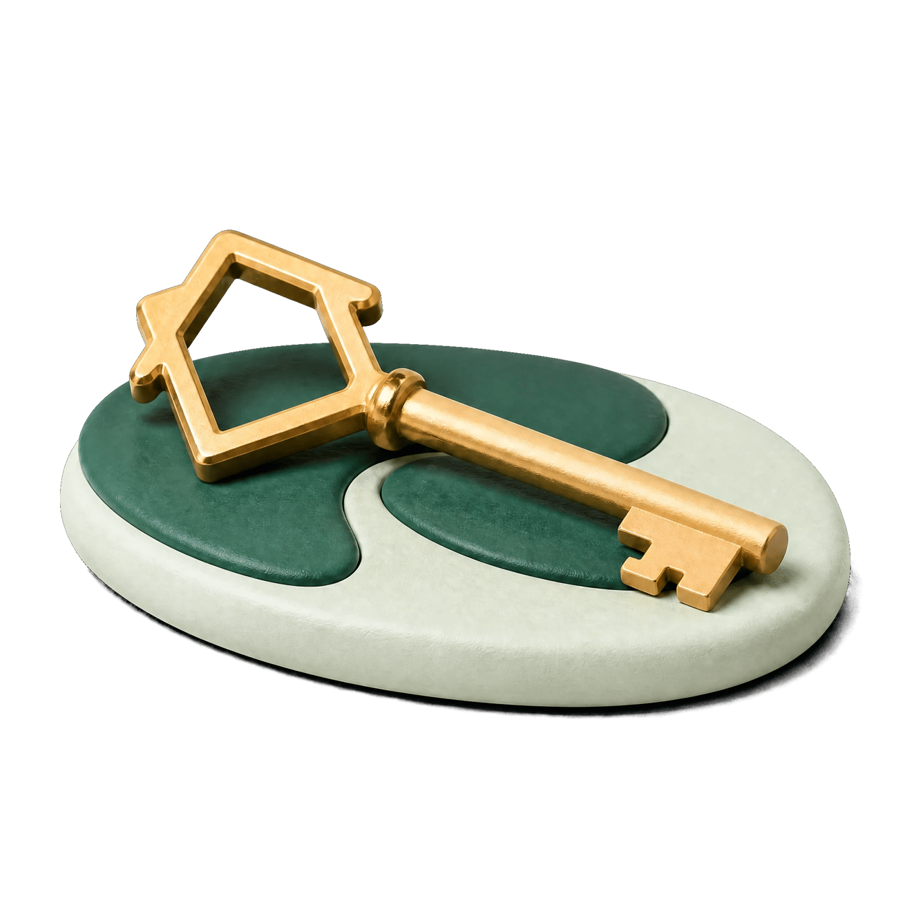 A satin gold key with a house-shaped bow, resting on a green ceramic base.