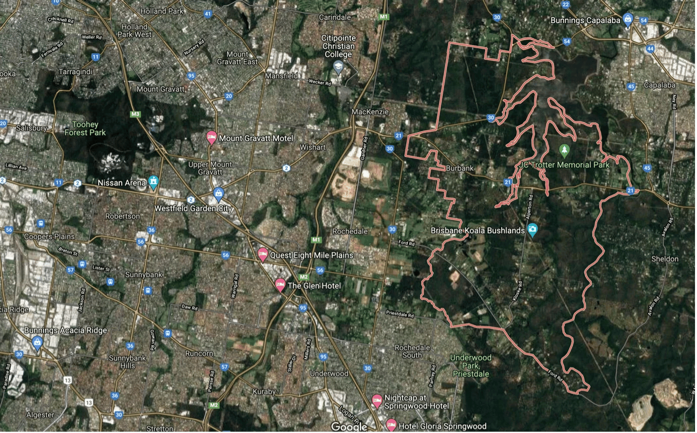 Satellite map showing an urban SA3 boundary and surrounding suburbs