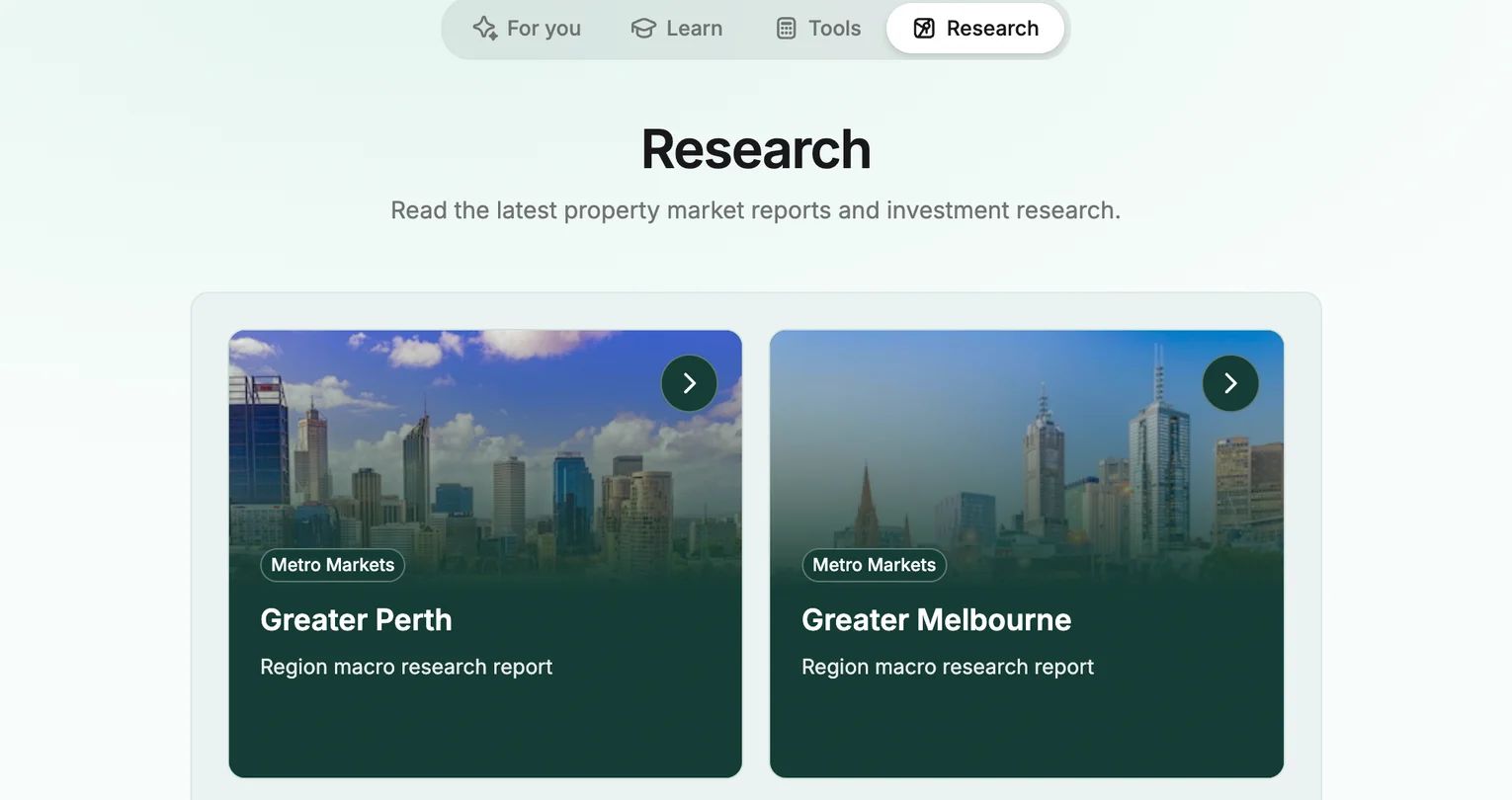 InvestorKit app research library with Greater Perth and Greater Melbourne market reports