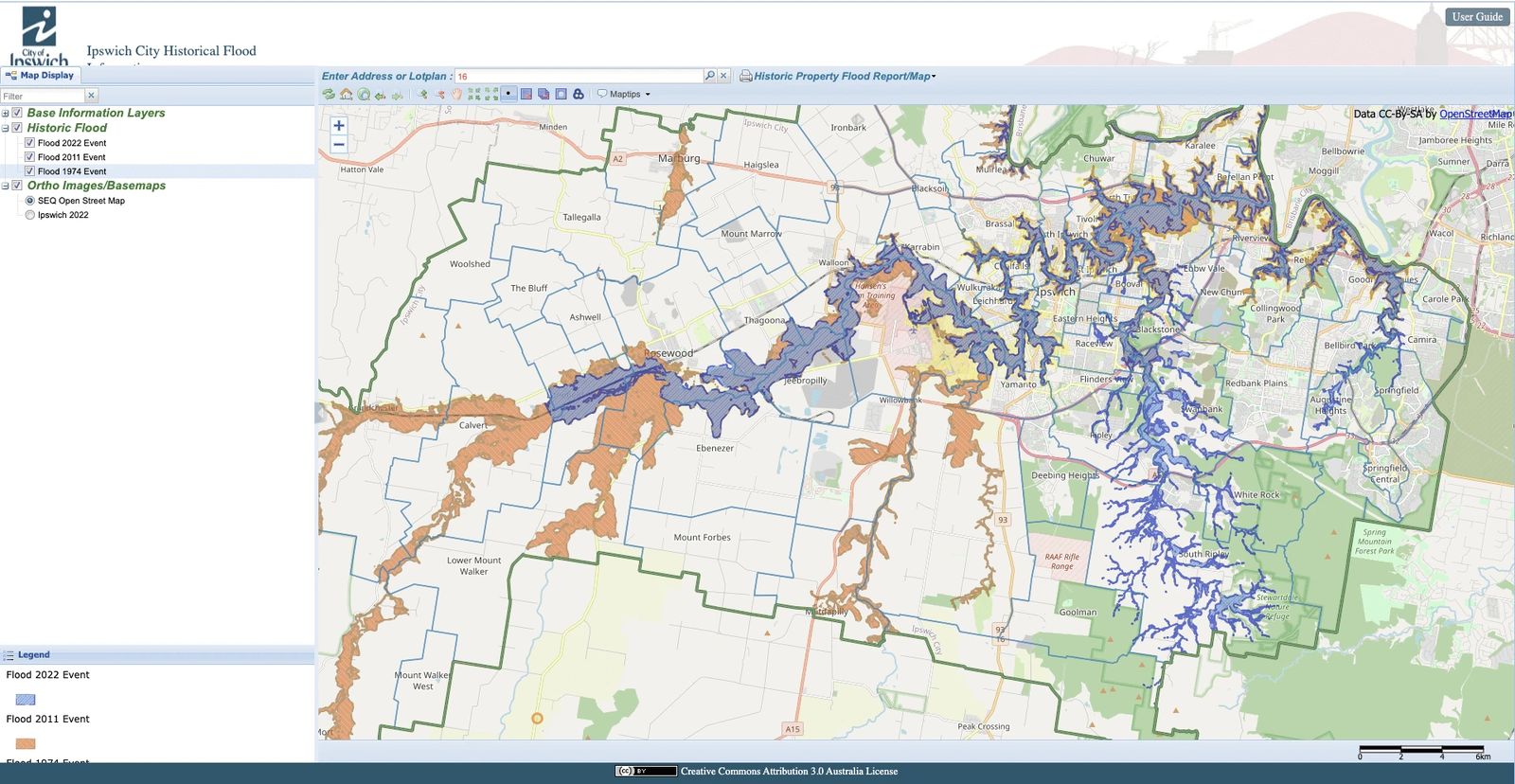 Flood risk map of properties and waterways in a Queensland planning portal