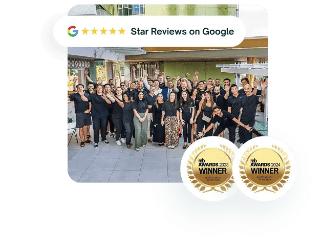 Team photo with Google reviews and REB Awards badges