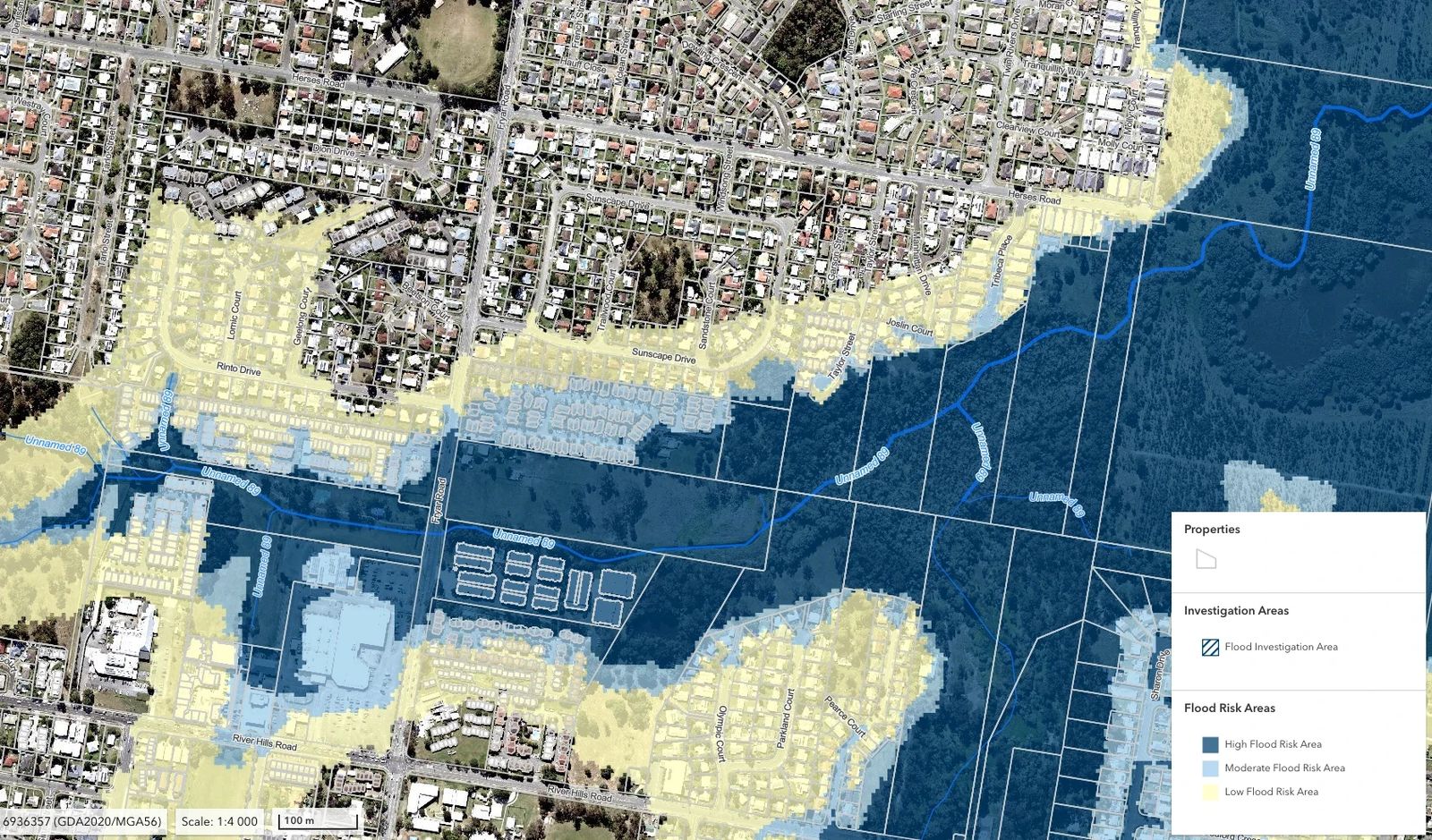 Flood risk map showing high, moderate and low risk areas around River Hills Road