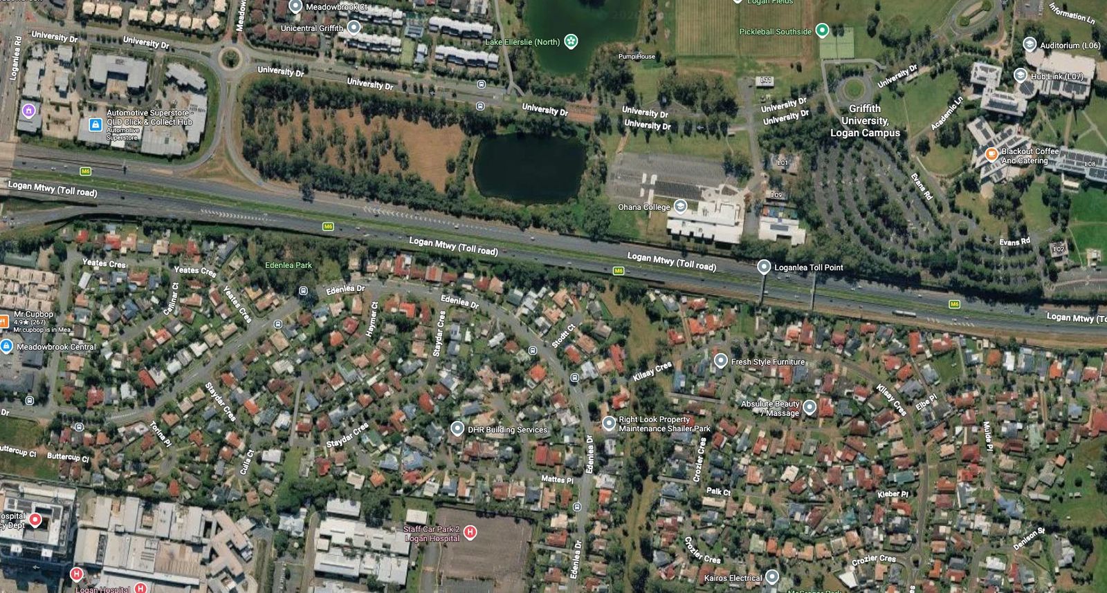 Satellite map of homes between Logan Motorway, Griffith University and Logan Hospital