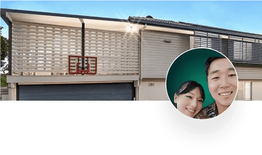 Couple in circle overlay on a house with basketball hoop.