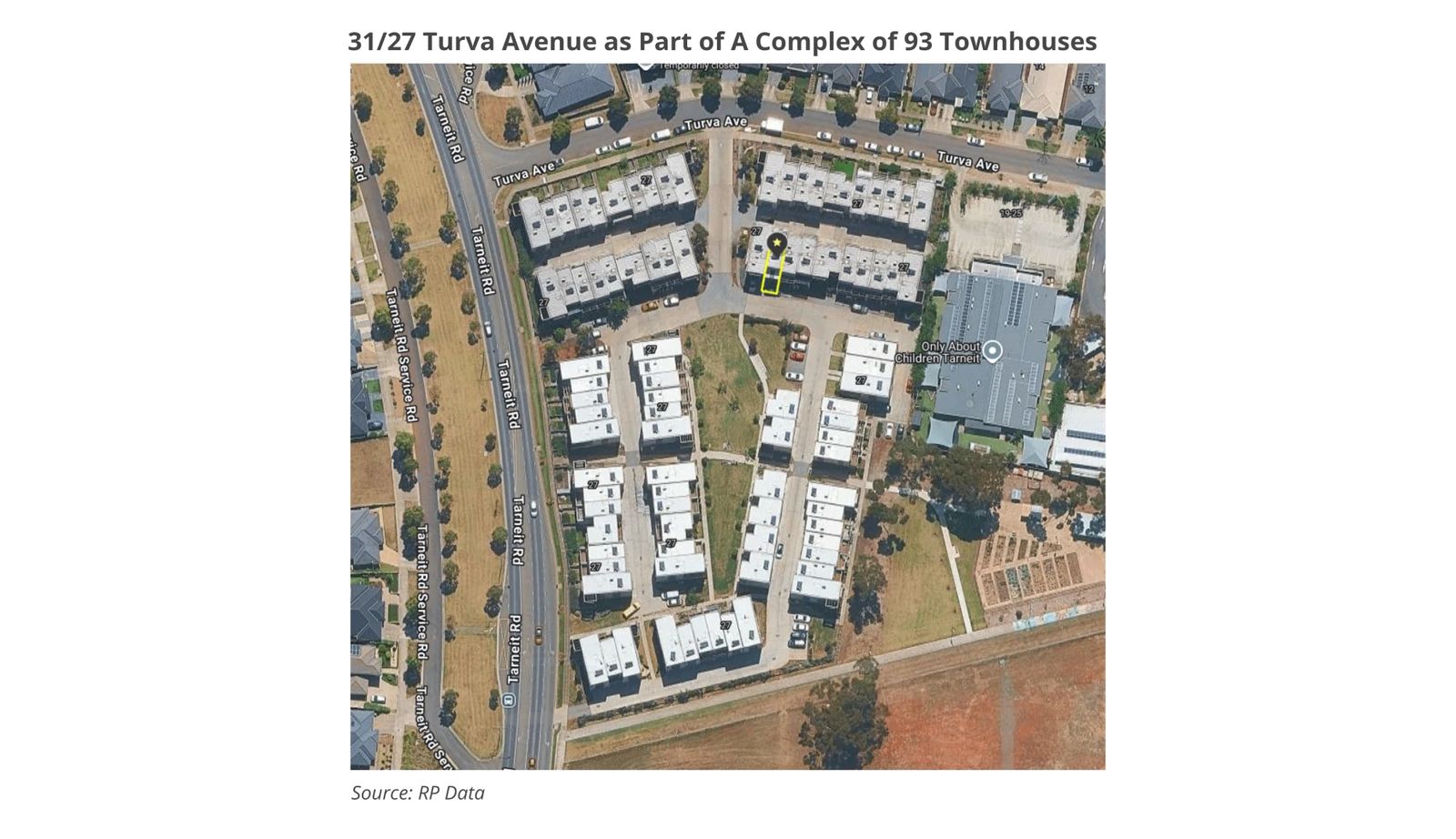 Aerial map locating a townhouse within the 93-home Turva Avenue complex in Tarneit
