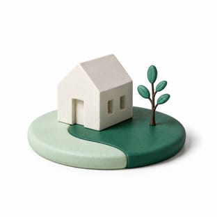 A small white ceramic house with a young sapling growing beside it.