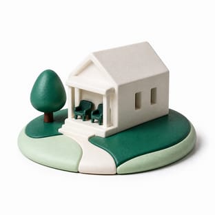 A white ceramic house with two matching chairs side by side on the porch.