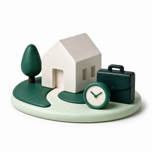 A white ceramic house beside a closed briefcase and a small desk clock.
