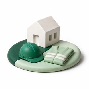 A white ceramic house with a green hard hat and a folded work vest.