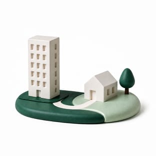 A city apartment tower linked by a curving path to a regional house.